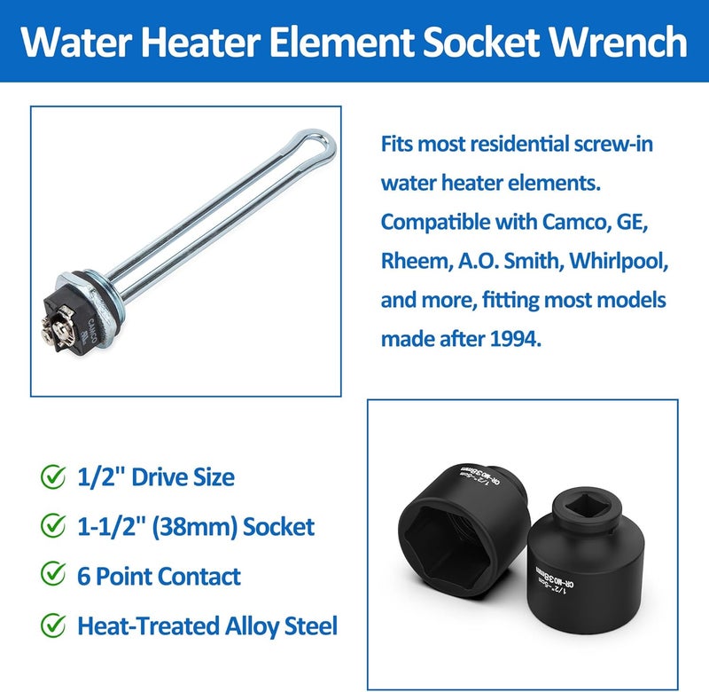 Timsec 1-1/2" Socket, Water Heater Element Wrench with 1/2" Drive, Ideal for Removing & Replacing All Residential Screw-in Water Heater Elements, Fits for Camco, GE and More, 6-Point Anti-Rounding Design - Image 3